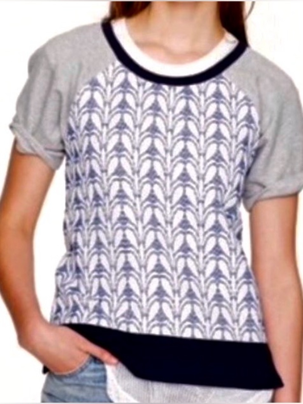 J.Crew Lace Front Short Sleeve Colorblock Sweatshirt Grey Navy XL